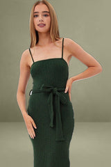 Green Maxi Bodycon Dress with Ribbed Fabric and Tie Belt