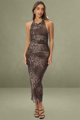 Brown Animal Print Bodycon Dress Halter Neck