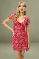 Red Ditsy Mesh V Neck Mini Dress