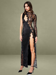 Weslyn Black Satin Lace High Slit Dress