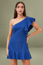 Blue Mini Dress Sleeveless One Shoulder Ruffled
