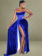 Priya Royal Blue Draping Corset High Slit Velvet Gown