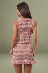 Red Check Bodycon Shirred Mini Dress