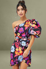 Multi-Flower One-Shoulder Puffed Sleeve Mini Dress