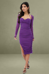 Purple Bodycon Dress Long Sleeve Ruched Mesh