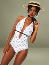 Olive White Base Polka Dot Ruched Breast Halter Backless Swimsuit