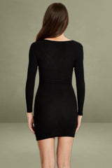 Black Notched Neck Rib Bodycon Dress