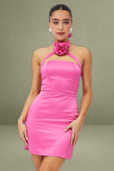 Pink Rosette Flower Crossover Mini Dress