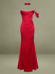 Ivona Red Halter Neck Double Duchess Satin Gown