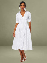 Palina Pinstripes Cotton Poplin Pleated Midi Preppy Shirt Dress