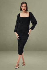 Black Midi Dress Long Sleeve Square Neck Ruched Bodycon
