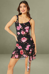 Black Floral Bodycon Dress Ruffle Hem Mini Mesh