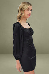 Black Mini Dress Corset Detail Long Sleeve