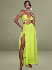 Quinby Lemon Chiffon Pleated Lace Up Maxi Dress