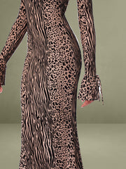 Waylynn Nude Black Animal Print Burnout Velvet Detail Mesh Backless Maxi Dress