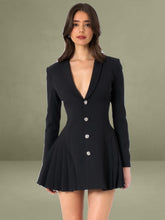 Ria Black Blazer Mini Dress with Crystal Button and Pleated Detail