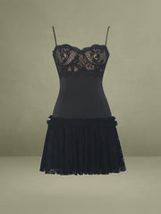 Black Contrast Lace Sweetheart Gathered Mini Dress