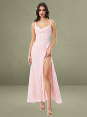 Mallory Baby Pink Stripe Jacquard High Slit Gown