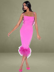 Fiona Fuchsia Feather Trim Bottom Maxi Dress