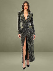 Willow Green Glossy Velvet High Slit Blazer Gown