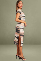 Brown Abstract Mesh Dress Short Sleeve