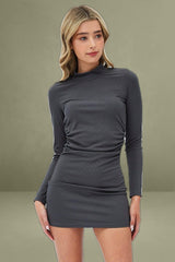 Grey Bodycon Dress Long Sleeve High Neck Rib