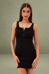 Black Bodycon Dress Sleeveless Button Front