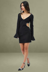 Black Flared Sleeve Cut Out Diamante Mini Dress