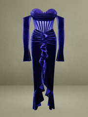 Taylee Navy Long Sleeve Off Shoulder Corset Velvet Gown