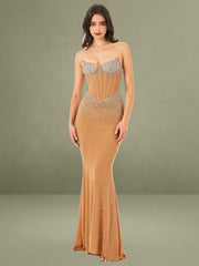 Fatima Nude Crystal Sleeveless Corset Mermaid Maxi Dress