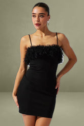 Black Faux Feather Trim Bodycon Strappy Mini Dress