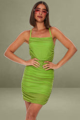 Green Low Back Ruched Mini Dress
