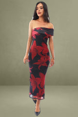 Black Floral One-Shoulder Mesh Bodycon Dress