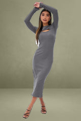 Grey Long Sleeve Mock Neck Cut Out Midi Bodycon Dress