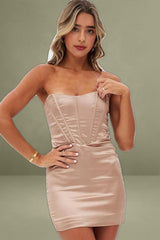 Beige Mini Dress Strapless Corset Detail Satin