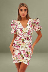 White Floral Mini Dress Puff Sleeve V-Neck