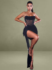 Priya Black Draping Corset High Slit Velvet Gown