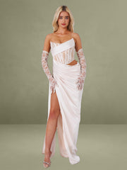 Callie Pearl White Lace Satin Corset High Slit Gown