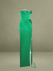 Vanity Green Satin High Slit Draping Corset Gown With Crystals