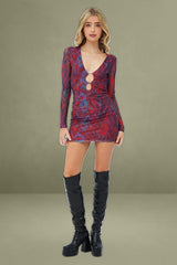 Red Abstract Mini Dress Long Sleeve V-Neck Bodycon Keyhole