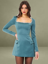 Gabella Dark Green Long Sleeve A-line Mini Dress with Crystal Trim
