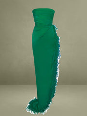 Perrin Emerald Green Feather Dress High Slit Gown