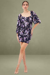 Print Shirred Dress Long Sleeve Mini