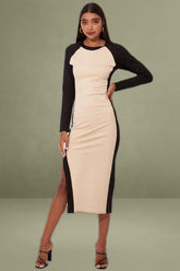 Beige Midi Dress Long Sleeve Round Neck Raglan Two-tone