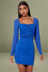 Blue Long Sleeve Mini Bodycon Mesh Dress with Hook & Eye