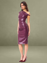 Purple Leather Slash Neck Midi Dress