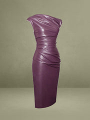 Purple Leather Slash Neck Midi Dress
