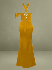 Ivona Gold Halter Neck Double Duchess Satin Gown