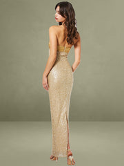 Lainey Gold Satin Sequin Pearls Beaded Maxi Dress
