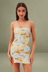 Blue Floral Mini Dress Strapless Bodycon